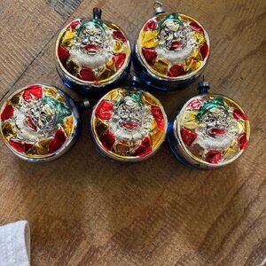 Lot 5 Inge Glas handblown Christmas tree ornaments Clown Face on Drum